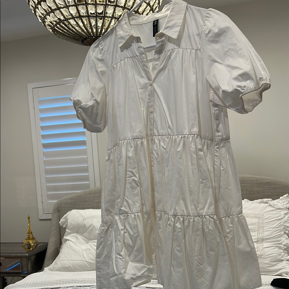 Zara White Puff Sleeve Sundress with Dress Shirt Collar